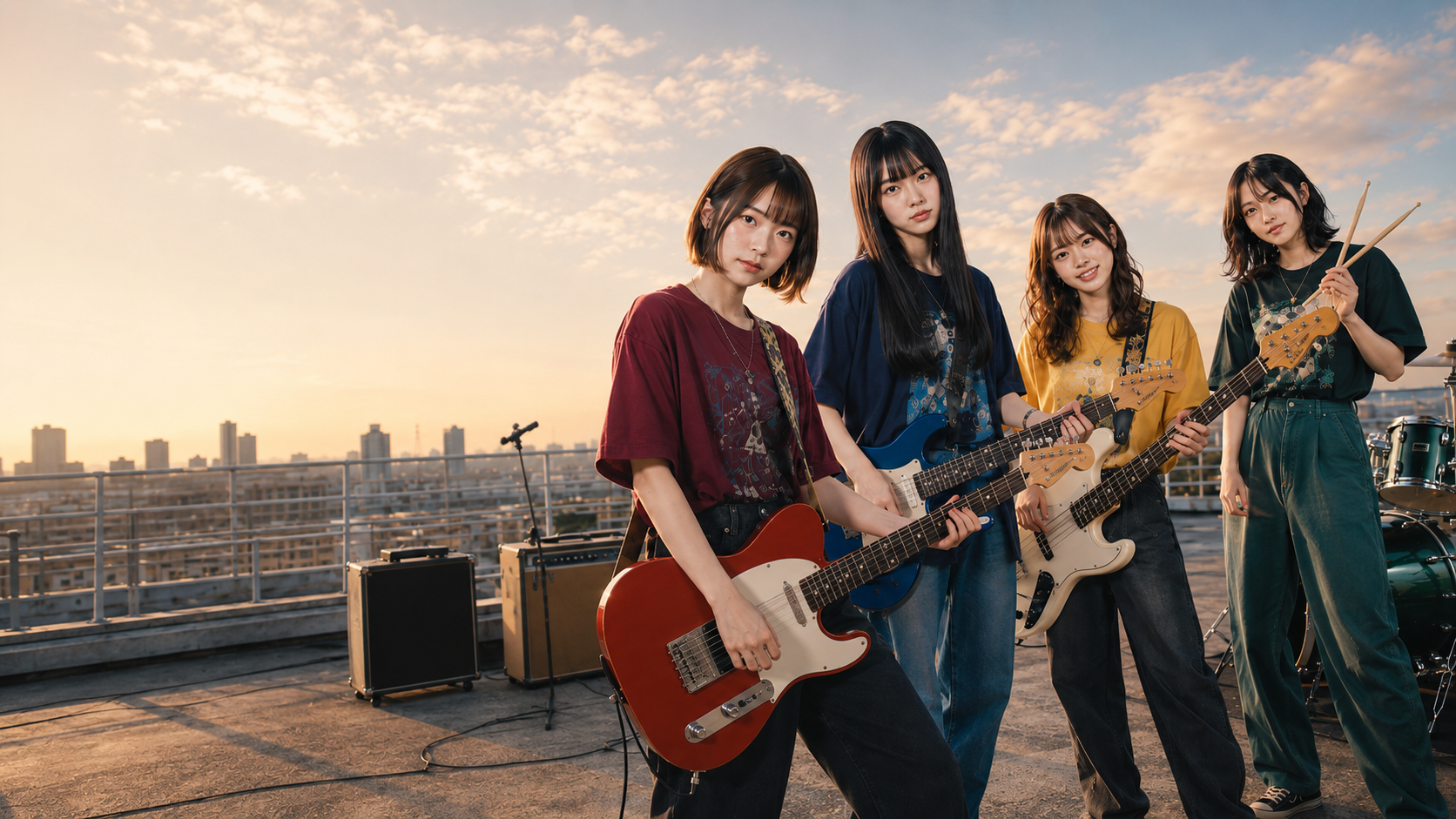 Real Ponkotsu — 夕暮れの屋上に立つ4人のメンバー